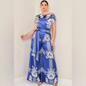 Beautiful Satin Blue and White Jumpsuit: Size Medium